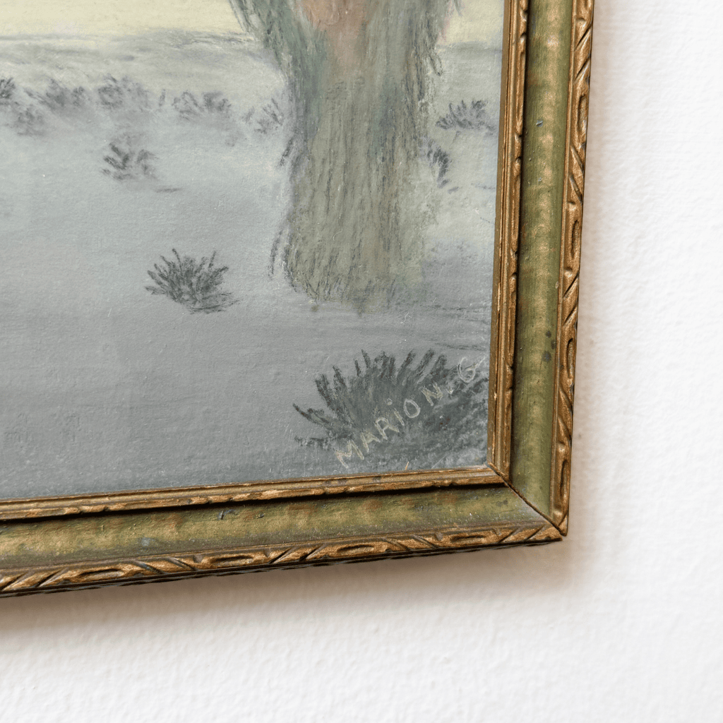 Framed artwork with a textured gold border on a white background
