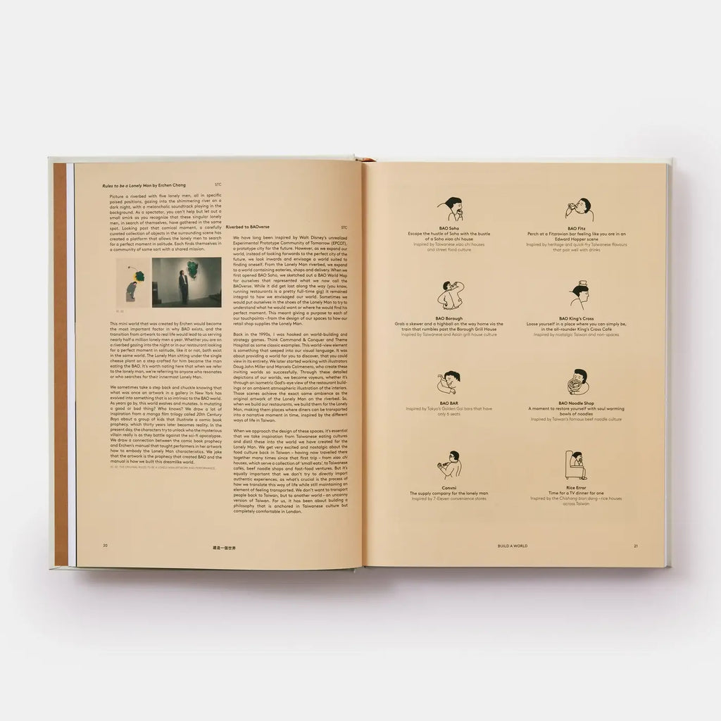 Open book with text and illustrations on a white background