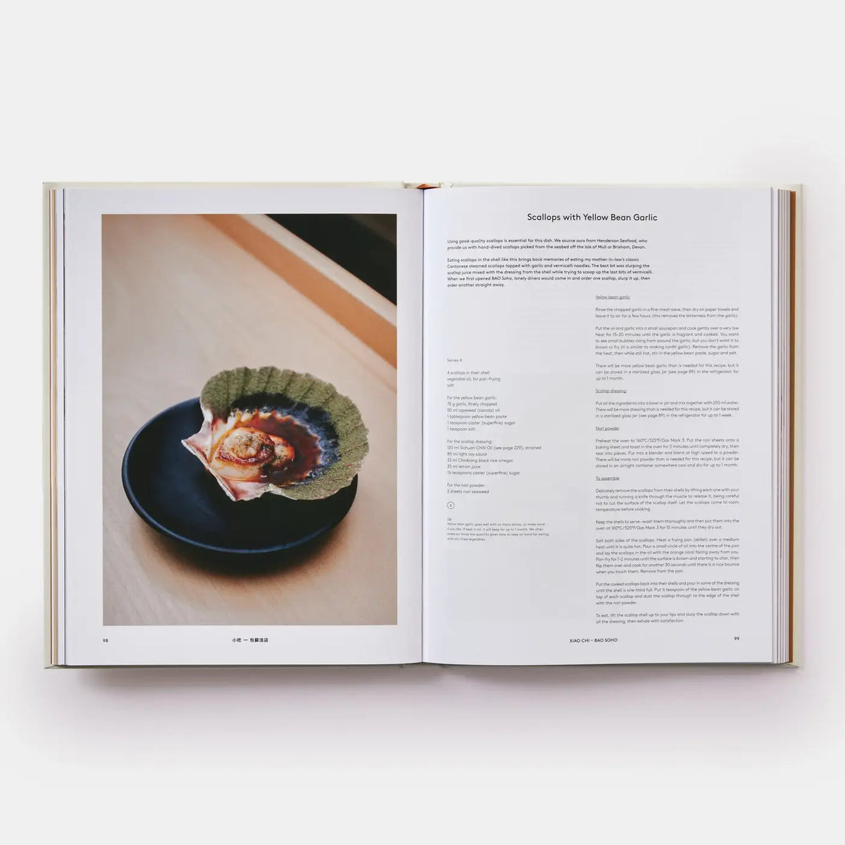 Open book showing a photograph of a dish with text on a white background