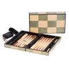 Backgammon set with checkered board and pieces on a white background