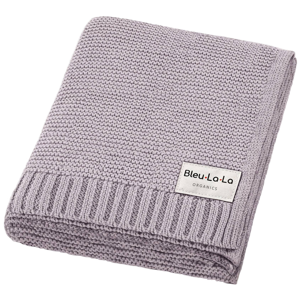 Gray knit blanket with 'Bleu La La Organics' label on a white background