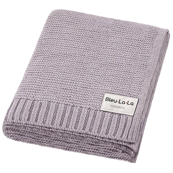 Gray knit blanket with 'Bleu La La Organics' label on a white background