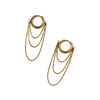 A pair of gold-toned drop earrings with a circular hoop at the top and three layered chain dangles below, shown on a plain white background.