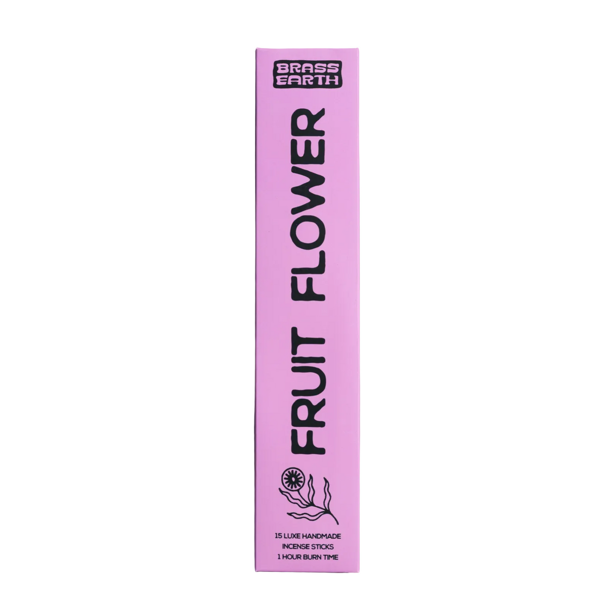 A tall, narrow pink box for Brass Earth Fruit Flower incense sticks, featuring bold black text and a small line drawing of a flower, set against a solid lavender-purple background.