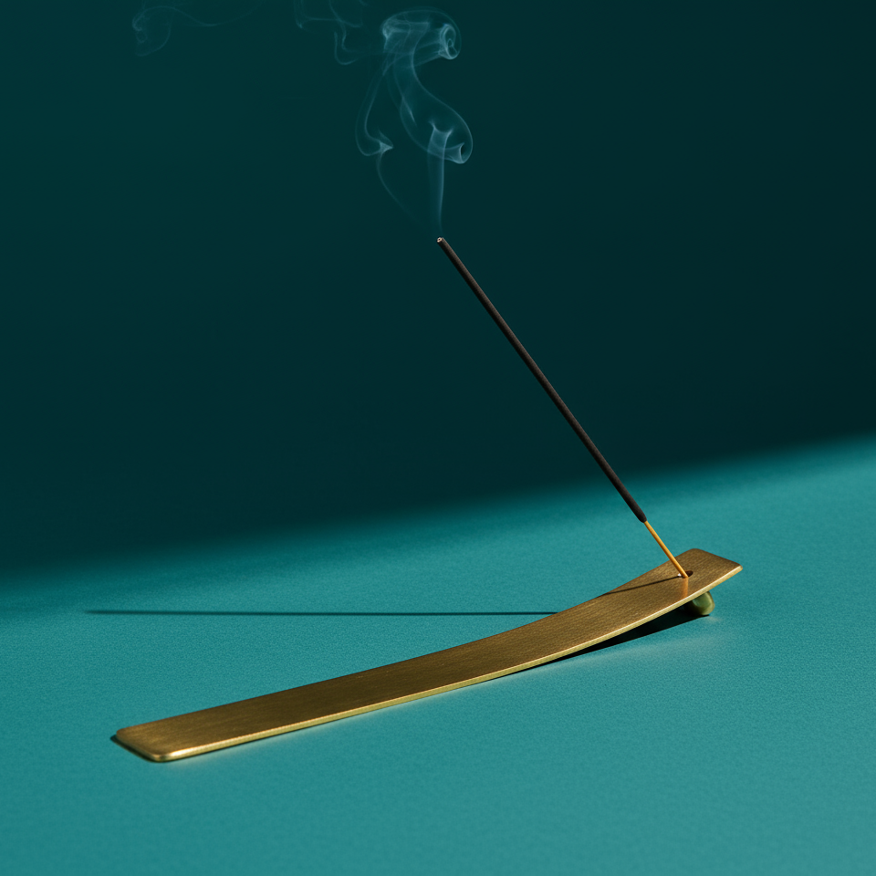 Gold incense burner with a single incense stick on a teal background