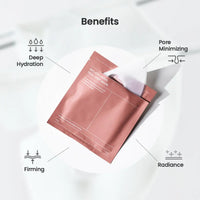 Skincare mask packaging with benefits listed on a white background