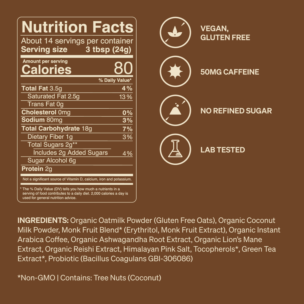 Nutrition facts label and ingredient list on a brown background