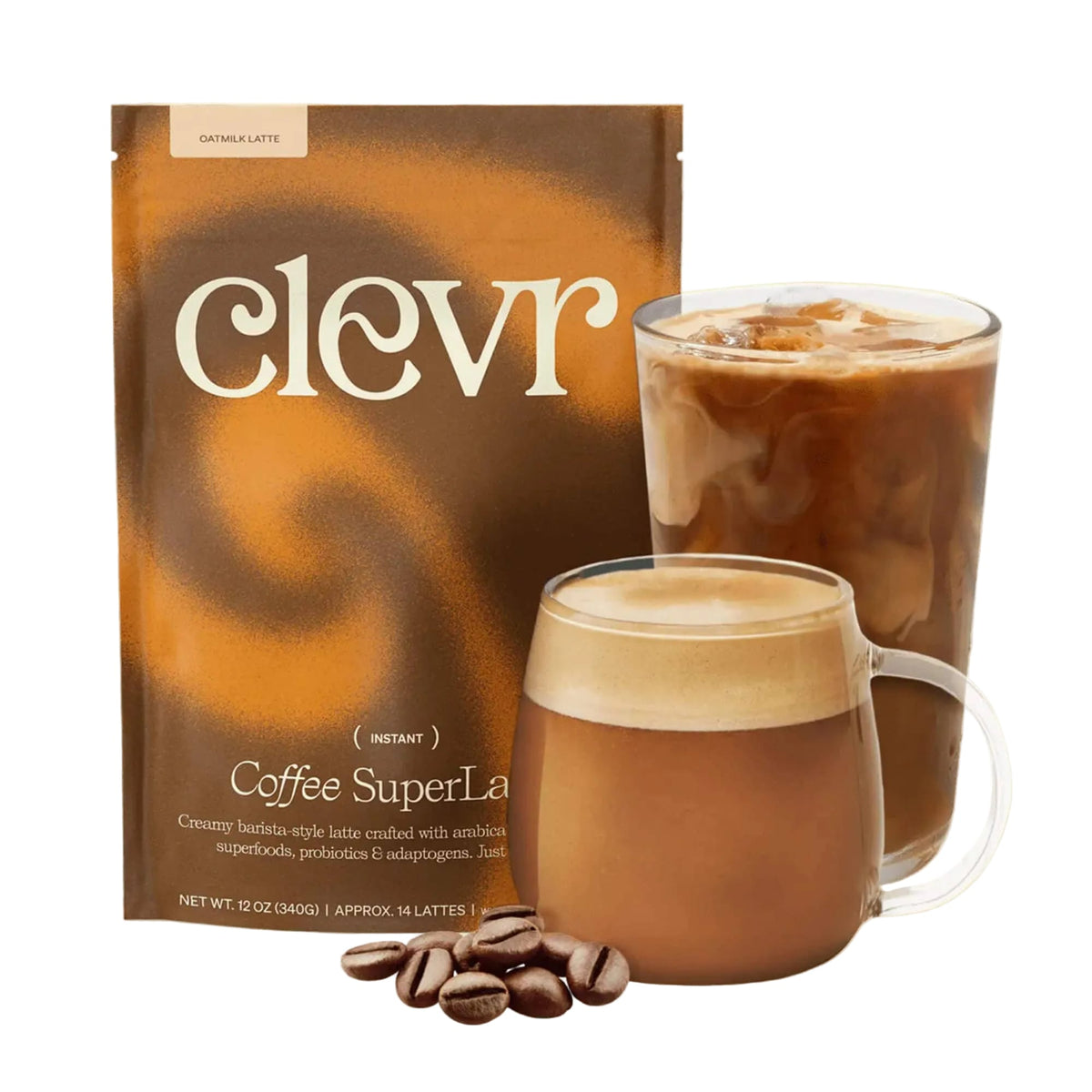 Clevr Coffee SuperLatte package with two glasses of coffee on a beige background