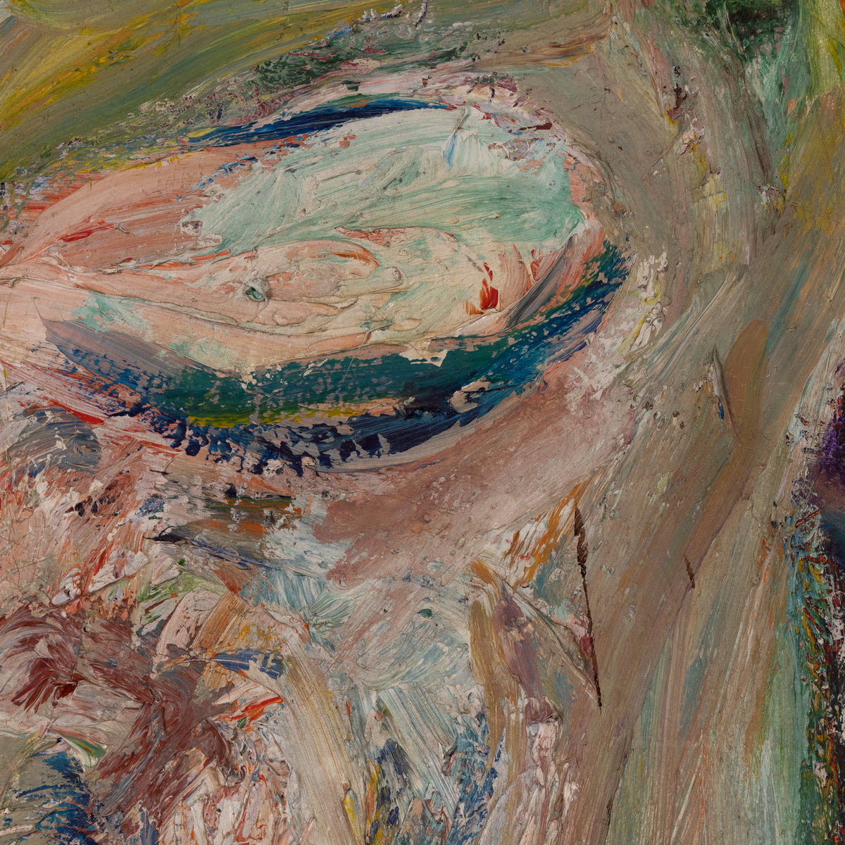 An abstract expressionist painting featuring thick, textured impasto brushstrokes in earthy tones of beige, brown, gray, and green, with a central oval composition highlighted by light blue, white, and deep blue-green accents.
