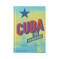 The front cover of the hardcover book 'Cuba: The Cookbook' by Phaidon, featuring a vibrant yellow and light blue textured background with a blue star and bold red and blue title text.