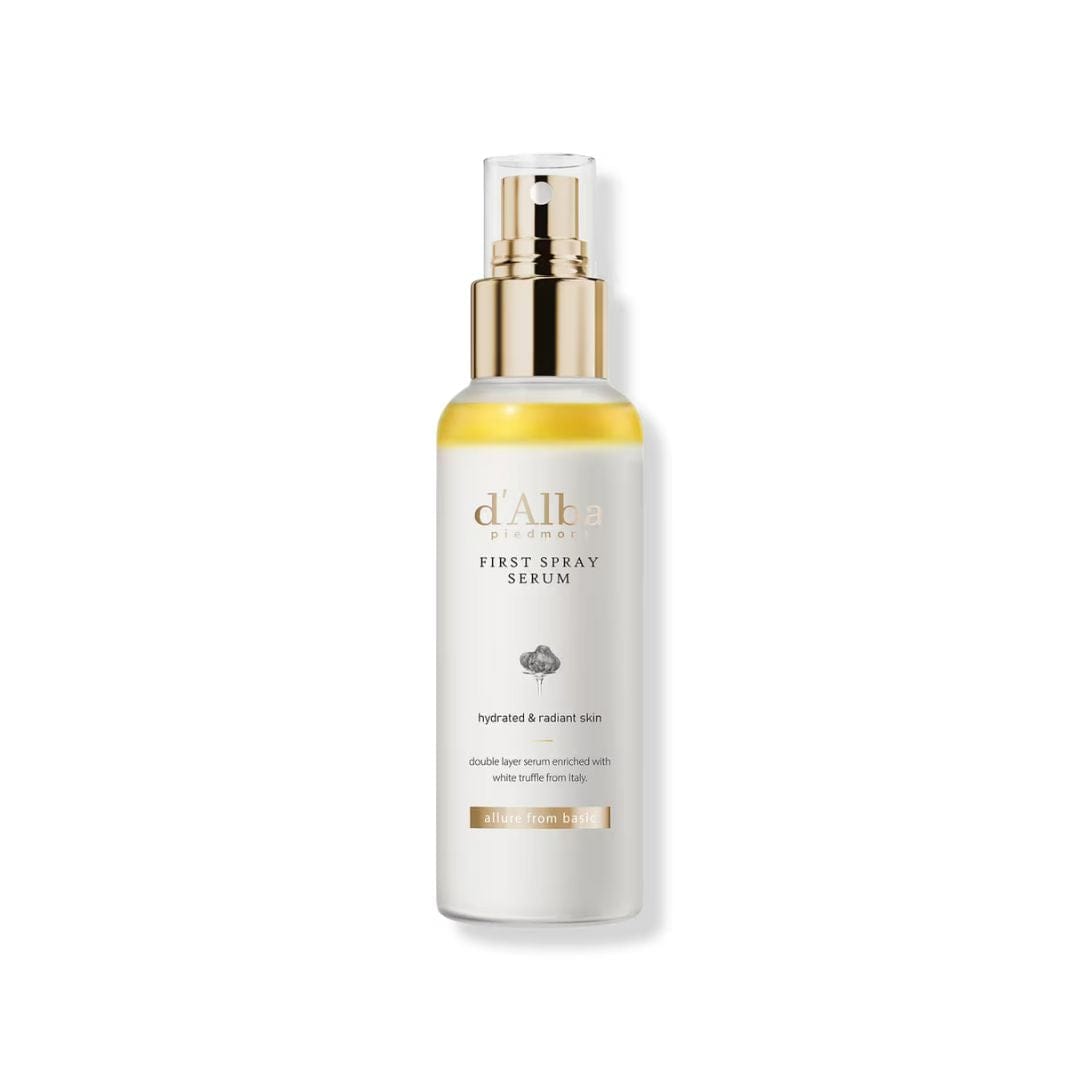 White spray serum bottle with gold cap on a white background