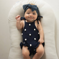 Poka Dot Navy Blue Knit Ruffle Romper