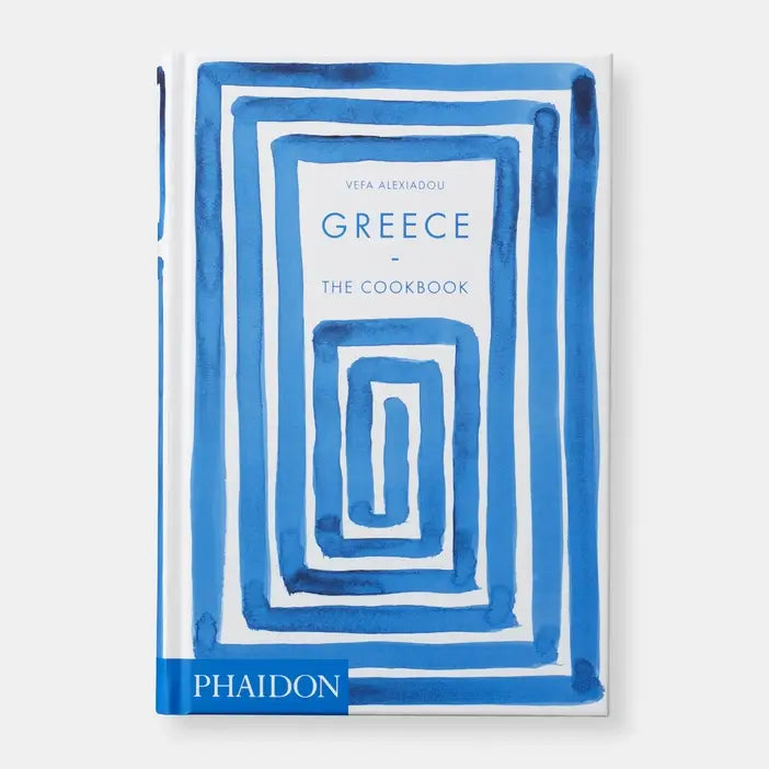 Book titled 'Greece: The Cookbook' by Phaidon with blue and white design on cover