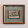 Framed print of a building on a textured green background