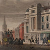 Vintage illustration of a city street with classical architecture and people in period clothing.