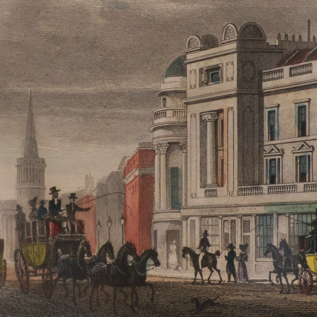 Vintage illustration of a city street with classical architecture and people in period clothing.