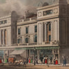 Vintage illustration of a city street with classical architecture and people in period clothing.