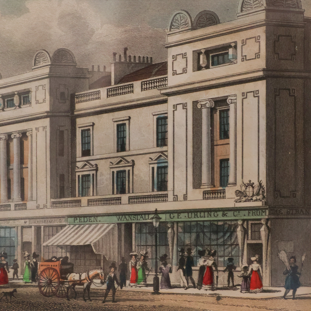 Vintage illustration of a city street with classical architecture and people in period clothing.