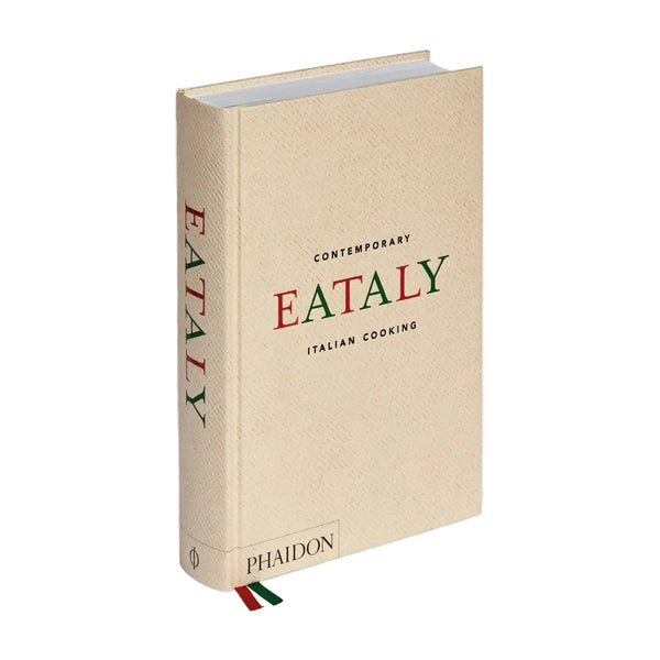 Beige book titled 'Eataly: Contemporary Italian Cooking' by Phaidon on a white background