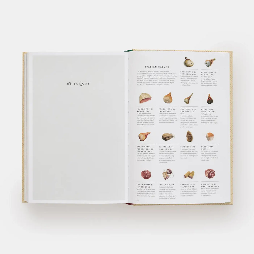 Open book showing a glossary with illustrations of Italian ingredients on a white background
