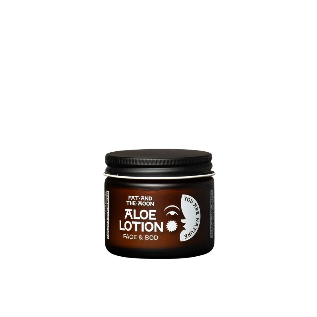 Jar of aloe lotion with branding on a white background