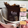 Fichi snack package with health benefits text overlay on a bag background