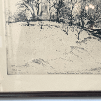 Engraving of a landscape with a monument and trees