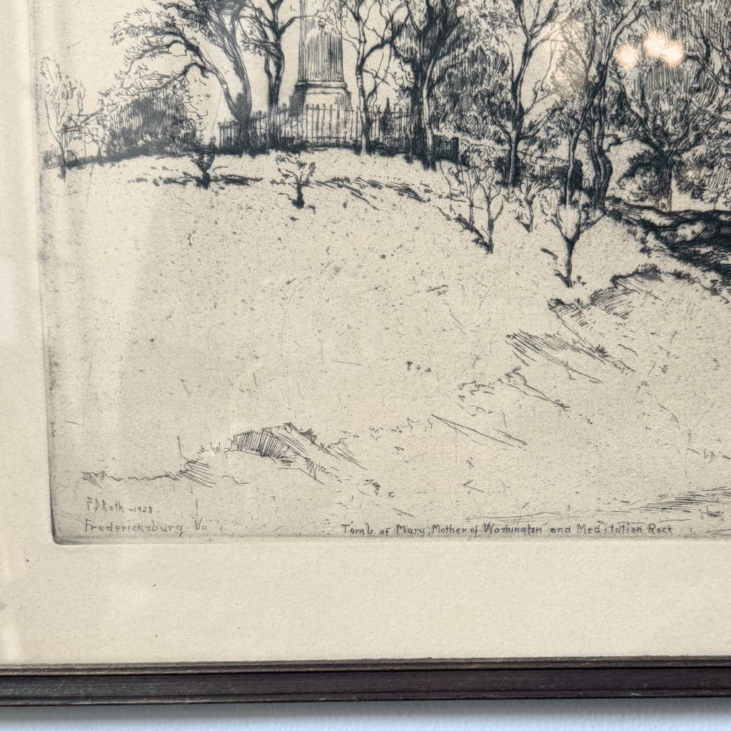 Engraving of a landscape with a monument and trees