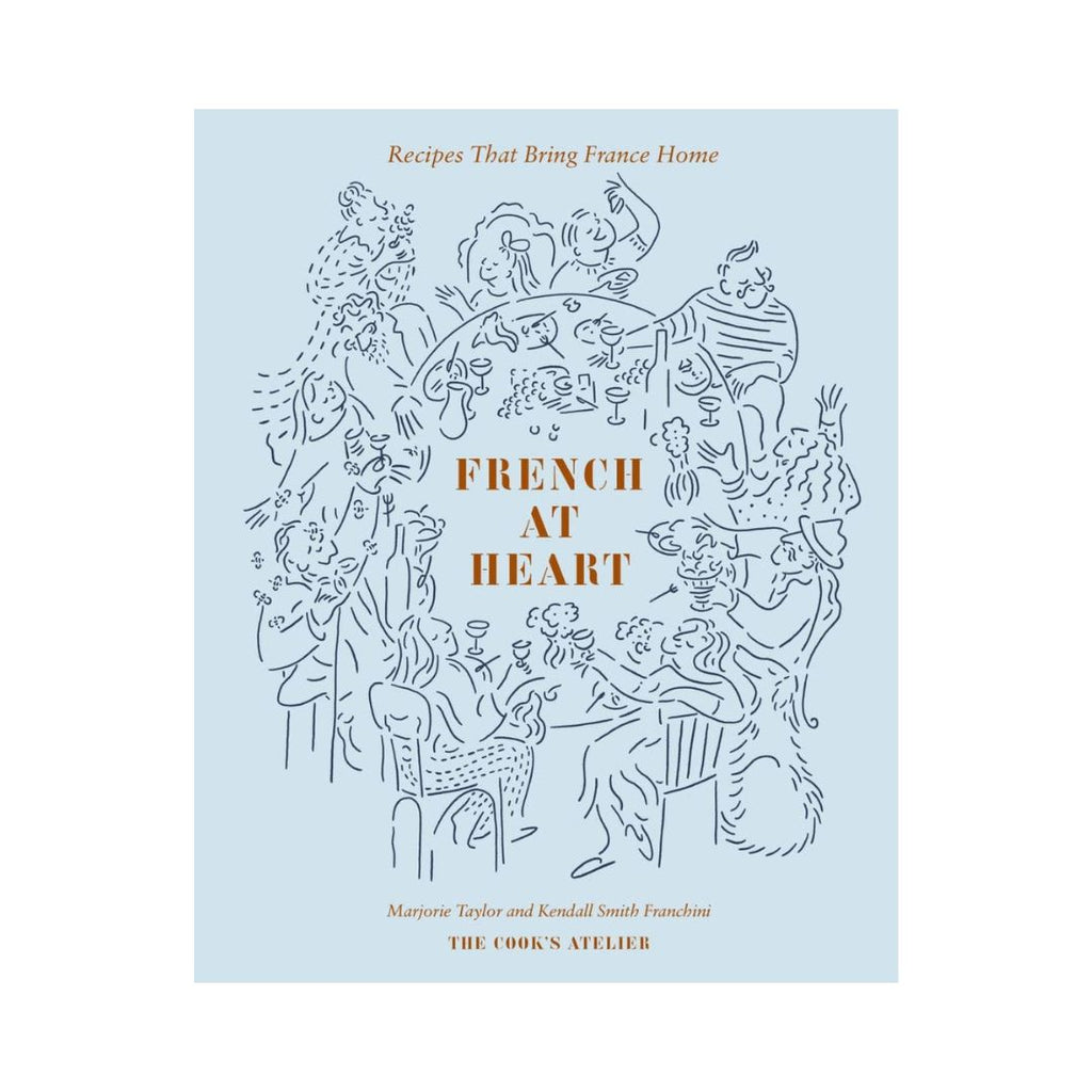 Book cover of 'French at Heart' with decorative design and text on a light blue background