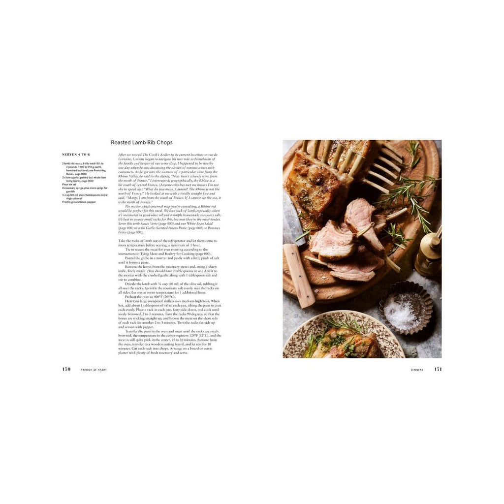 Page from a cookbook showing roasted lamb rib chops with text on the left.