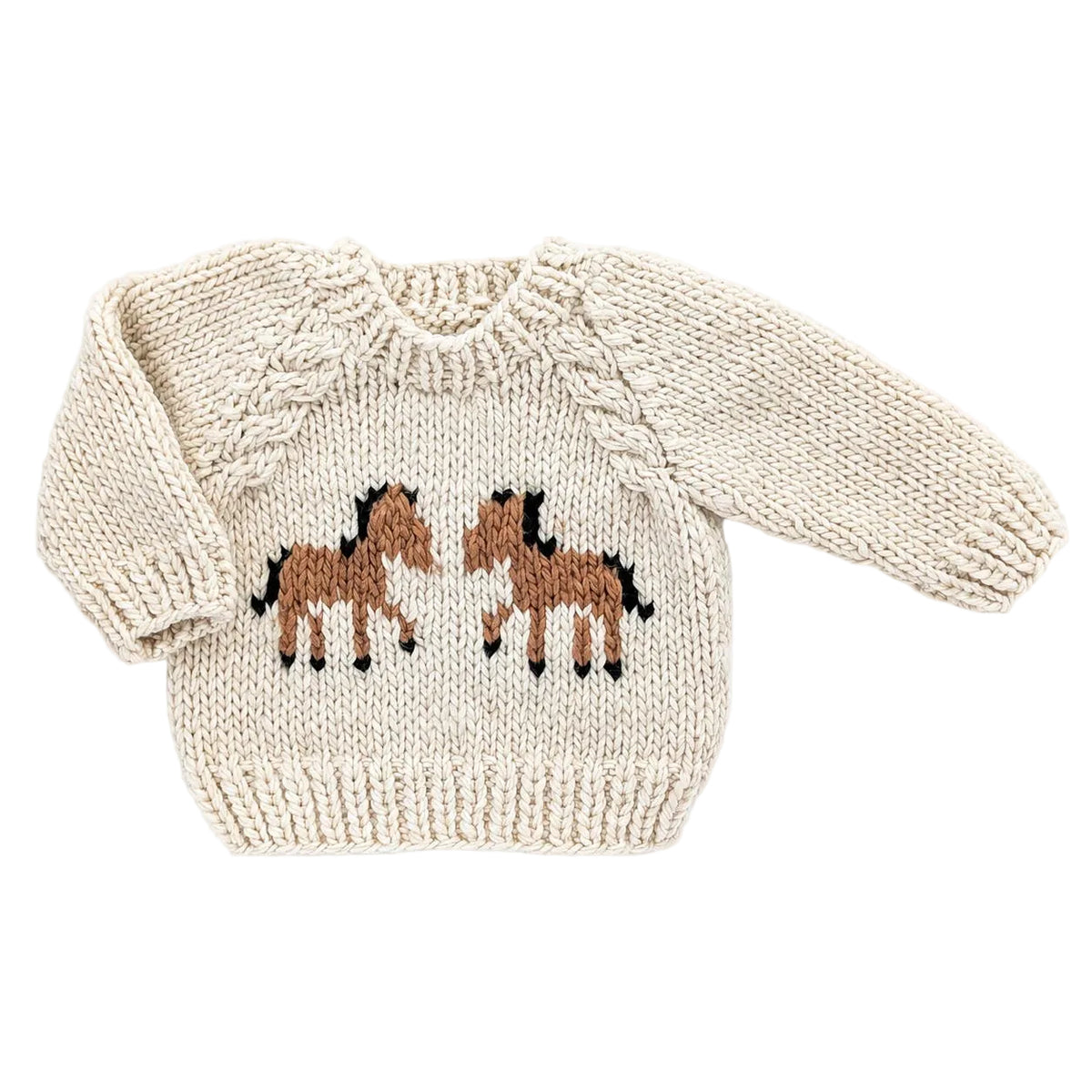 A cream-colored hand-knit baby sweater featuring two brown horses with black manesufs and tails knitted onto the chest, displayed flat against a white background.