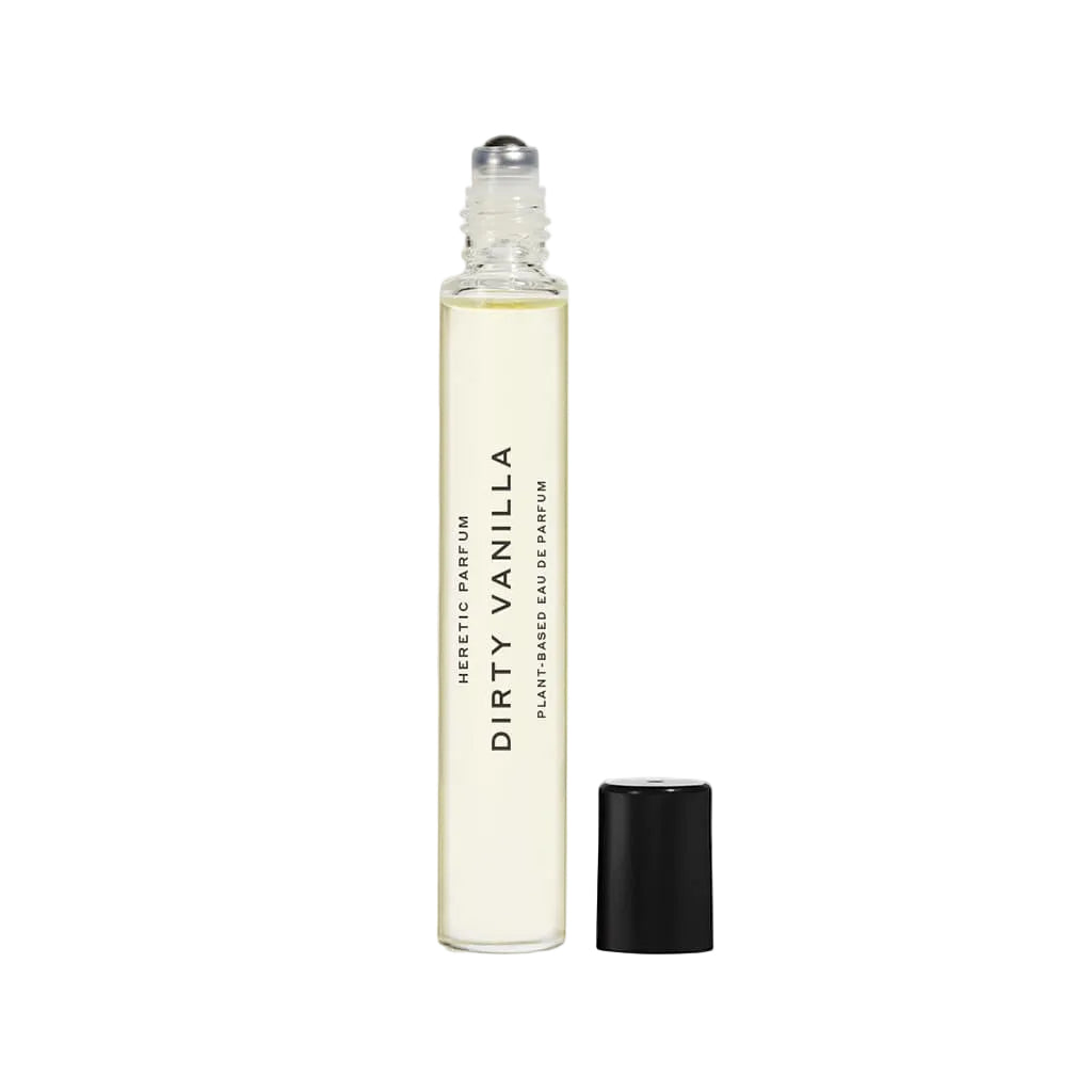 Perfume bottle labeled 'Dirty Vanilla' by Heretic Parfum on a white background