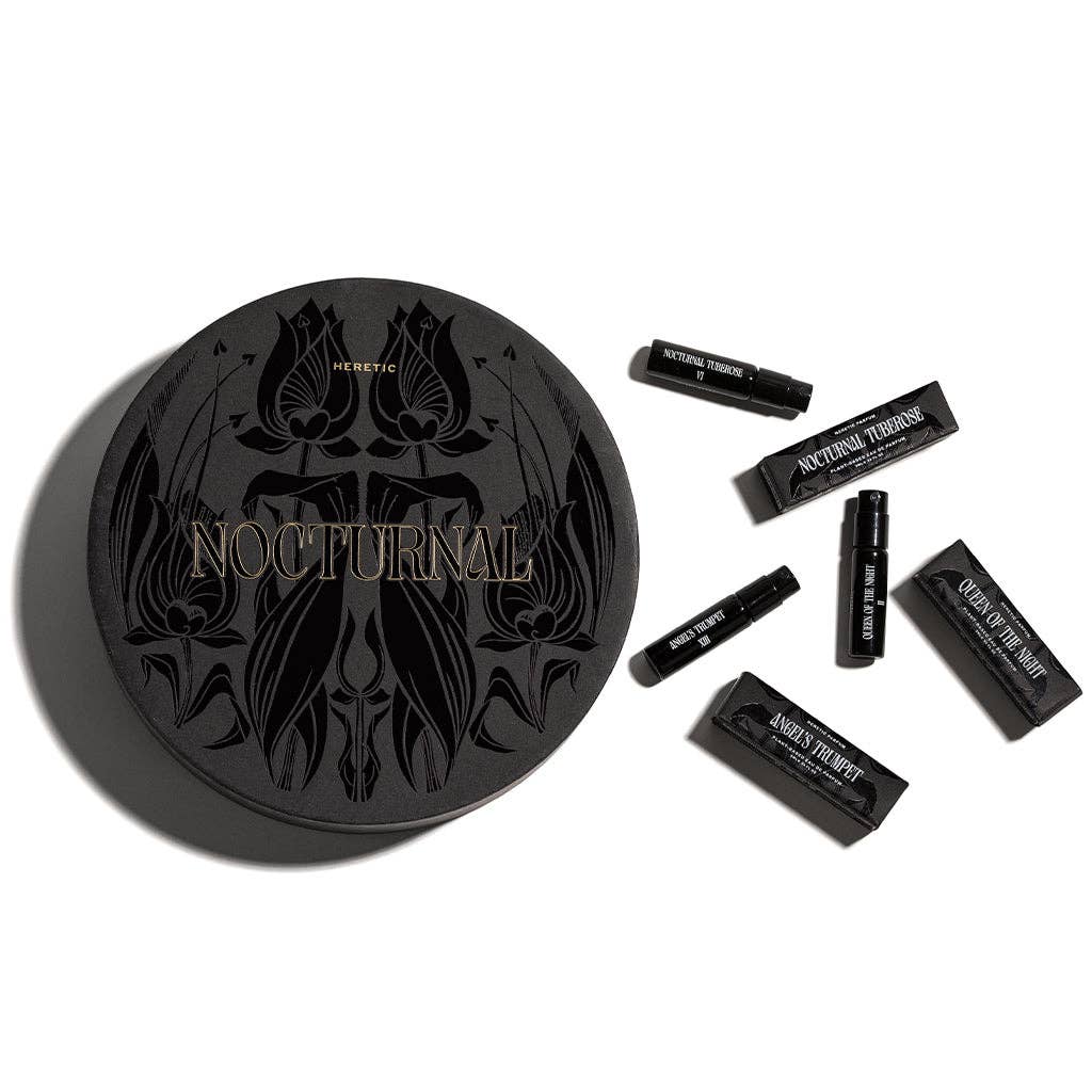 Black cosmetic case with 'Nocturnal' branding and multiple black boxes on a white background