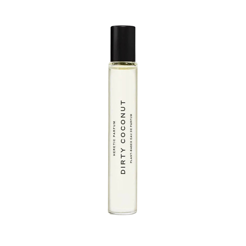 Perfume bottle labeled 'Dirty Coconut' on a white background