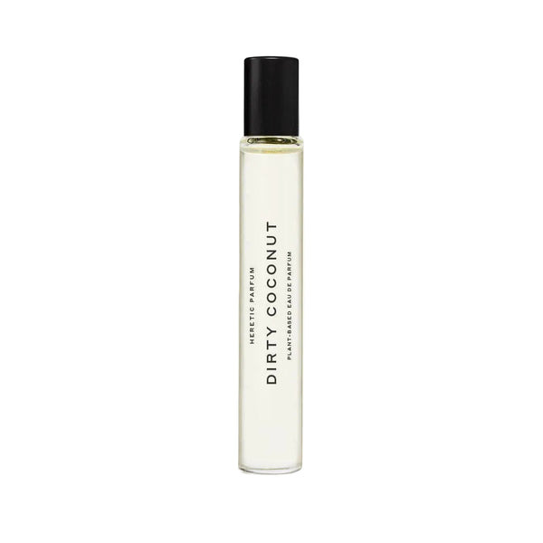 Perfume bottle labeled 'Dirty Coconut' on a white background
