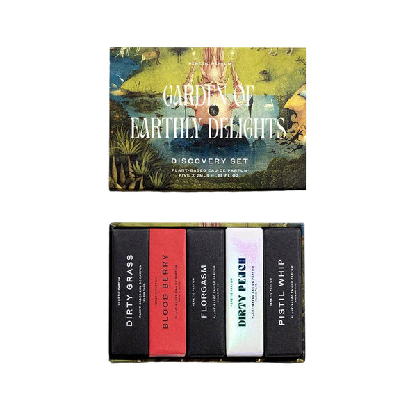 Garden of Earthly Delights perfume discovery set with colorful packaging
