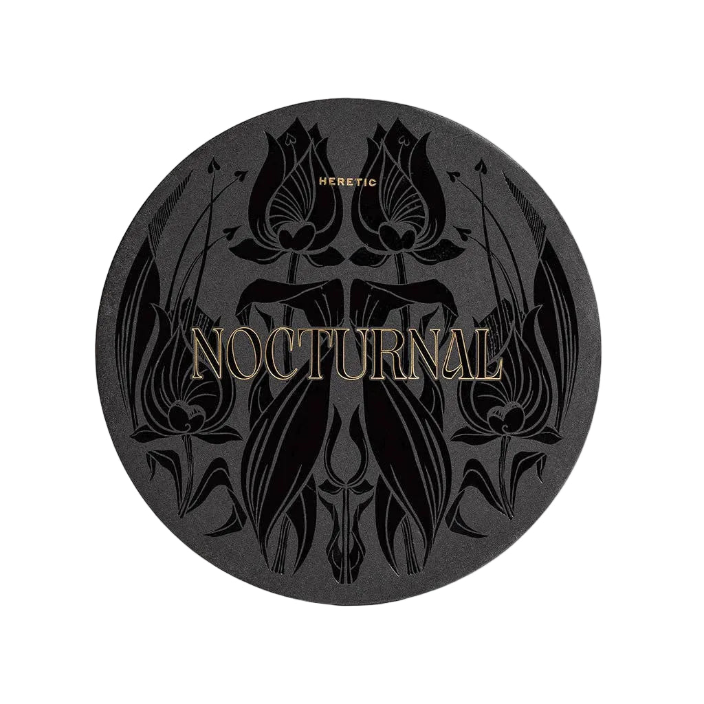 Black circular product with 'Nocturnal' and 'Heretic' text on a white background