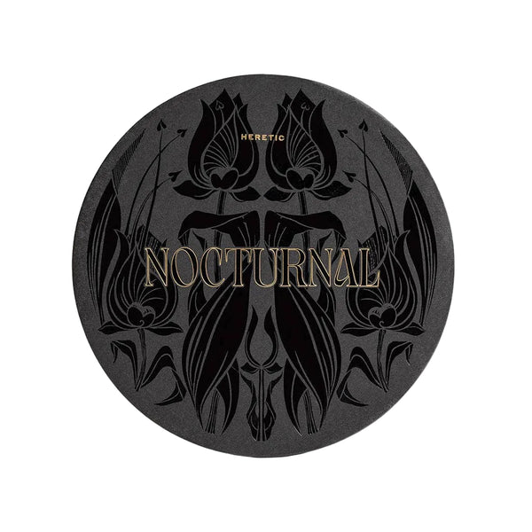 Black circular product with 'Nocturnal' and 'Heretic' text on a white background