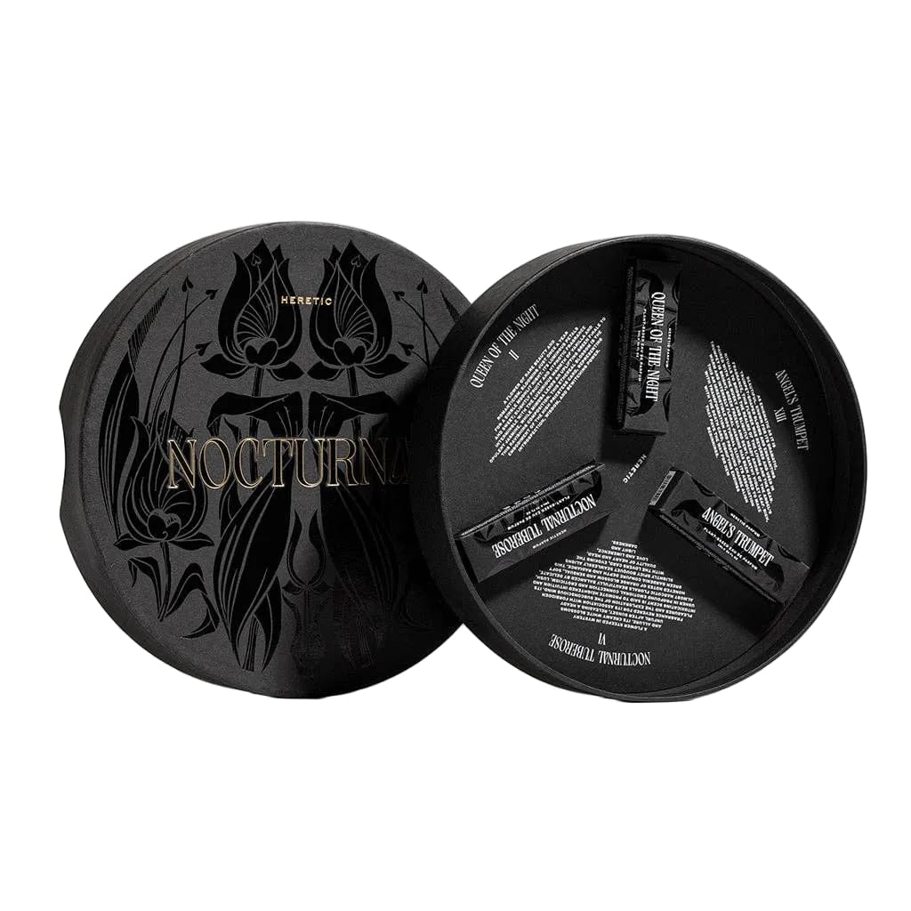 Black cosmetic product packaging with 'Nocturn' branding on a white background