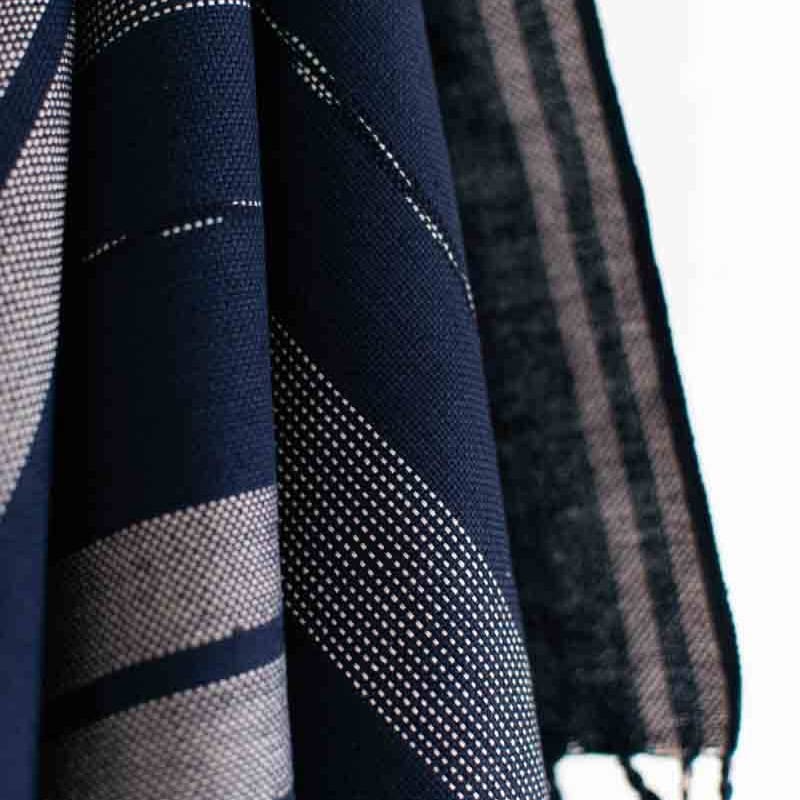 Close-up of a dark blue and black patterned fabric with a white background