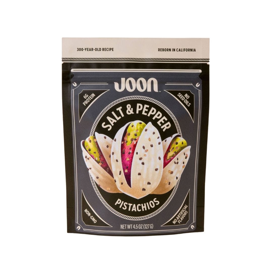Packaging of Joon Salt & Pepper Pistachios on a white background