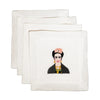 Three square white embroidered napkins are stacked in a fan arrangement on a white background. The front napkin features an embroidered portrait of Frida Kahlo with black hair, a pink flower crown, and a black jacket.