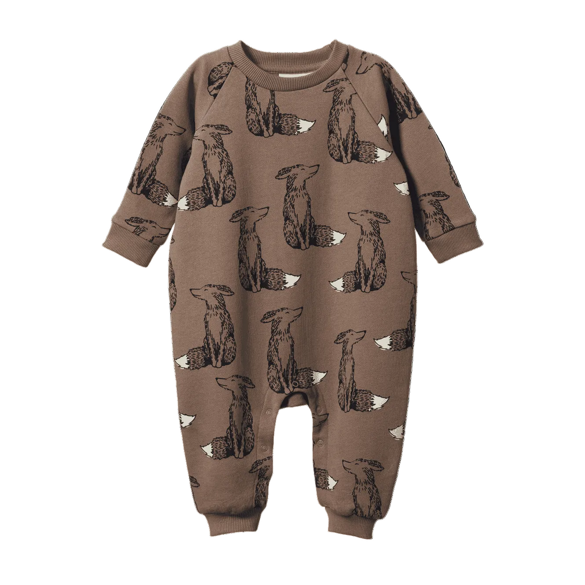 Brown baby onesie with fox pattern on a black background