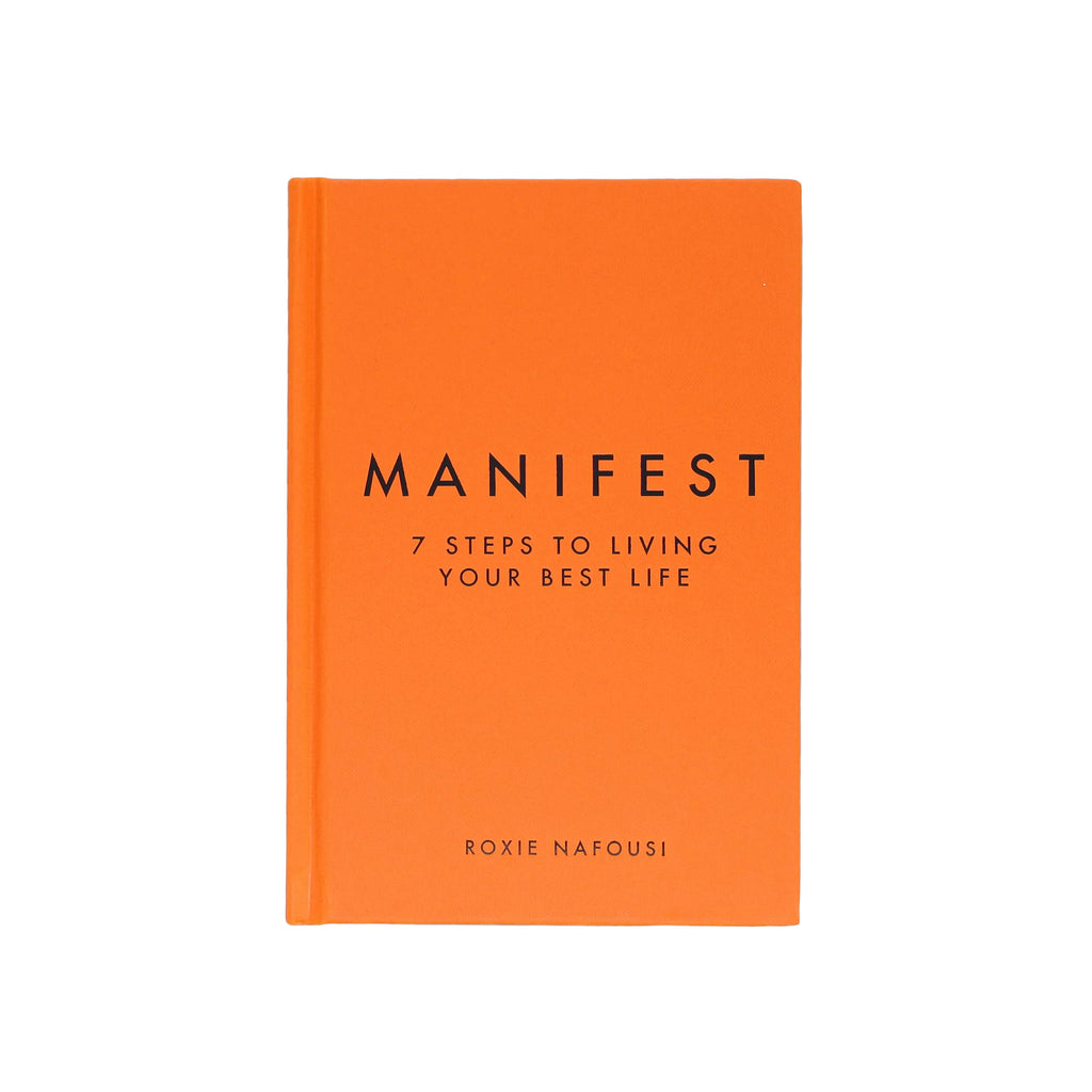 Orange book titled 'Manifest: 7 Steps to Living Your Best Life' by Roxie Nafousi on a light blue background
