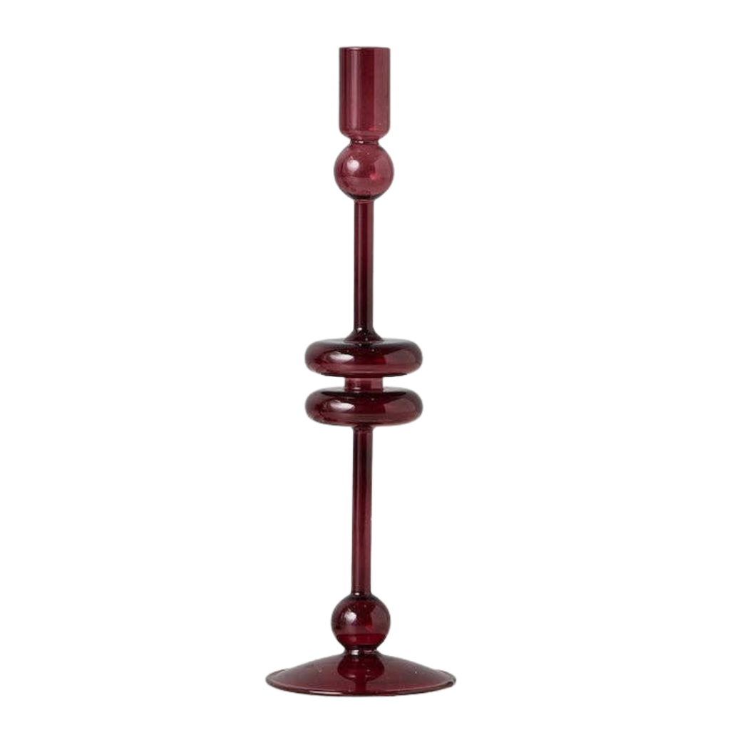 A tall, slender burgundy glass candlestick holder with decorative rounded sections, shown on a plain white background.