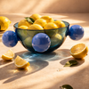 Glass bowl with lemons on a textured surface
