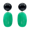Pair of earrings with black and green beads on a white background