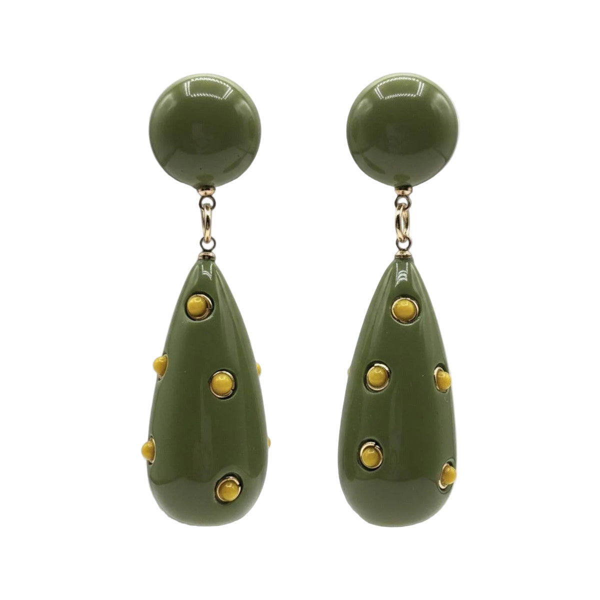 Green teardrop earrings with gold accents on a white background