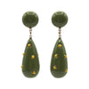 Green teardrop earrings with gold accents on a white background