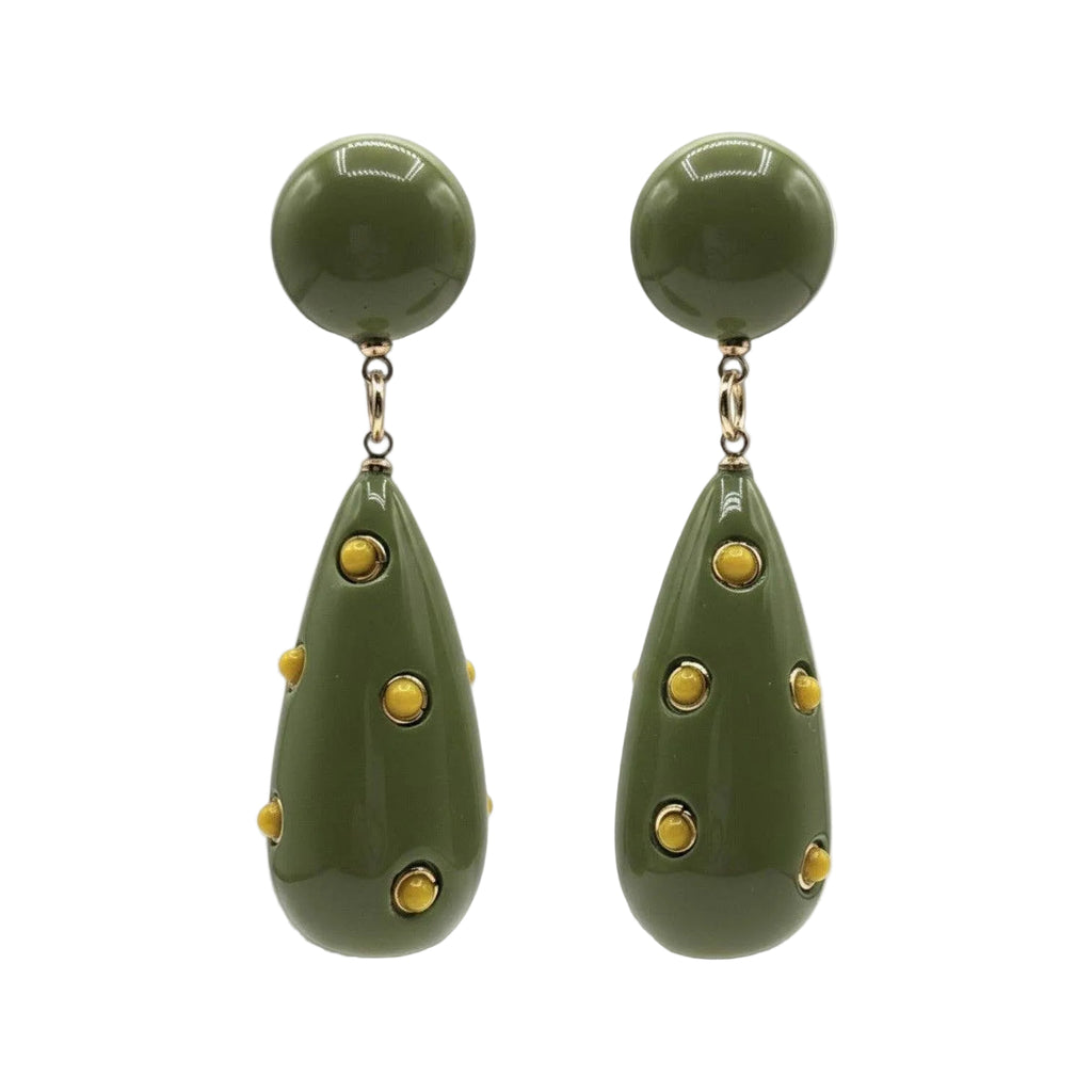 Green teardrop earrings with gold accents on a white background